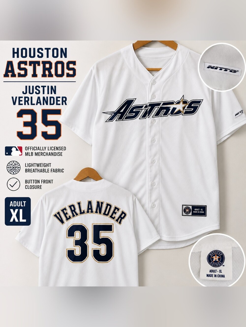 Houston Astros Justin Verlander #35 White Button Front Jersey Adult XL
